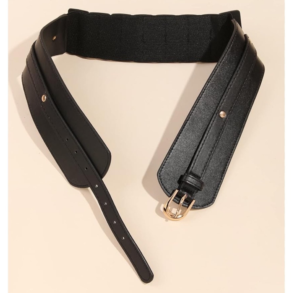 SHEIN Belt Wide Corset Cinch OS Black Elastic Gold Buckle Waist Accessory